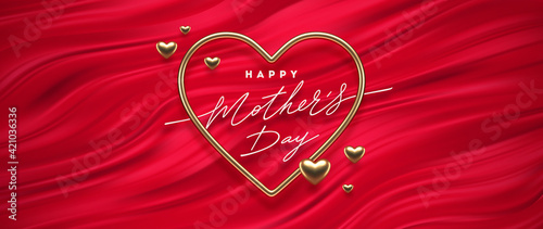 Mothers day calligraphic greeting in heart shaped golden frame on a red fluid waves background. Love symbol - realistic golden metal 3d hearts. Vector illustration.