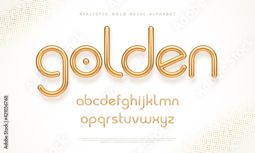 Realistic gold metal font. Modern minimal font. Metallic 3d typeface. English alphabet. Vector illustration.