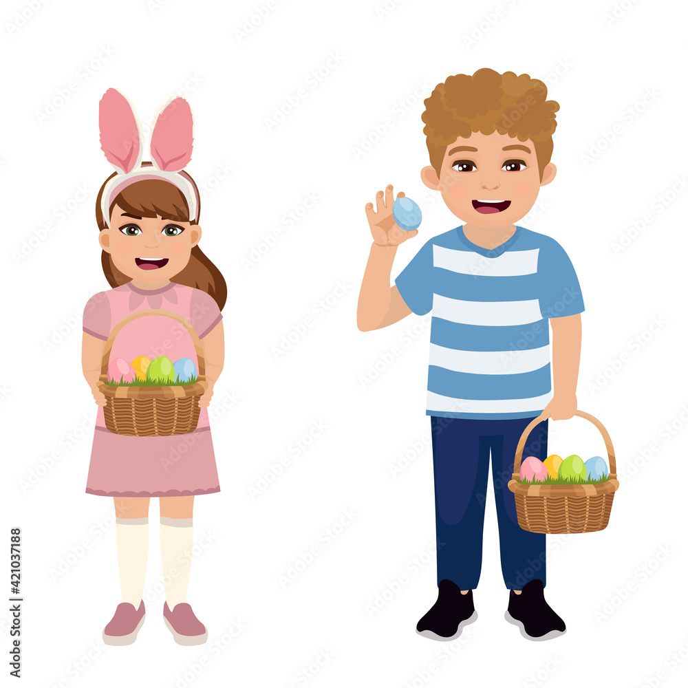 Happy easter. Children with baskets full of eggs. A boy and a girl. Vector illustration.