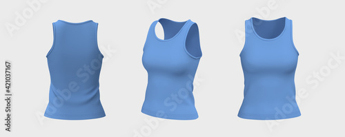 Blank sleeveless t-shirt mockup in front, side and back views, design presentation for print, 3d illustration, 3d rendering