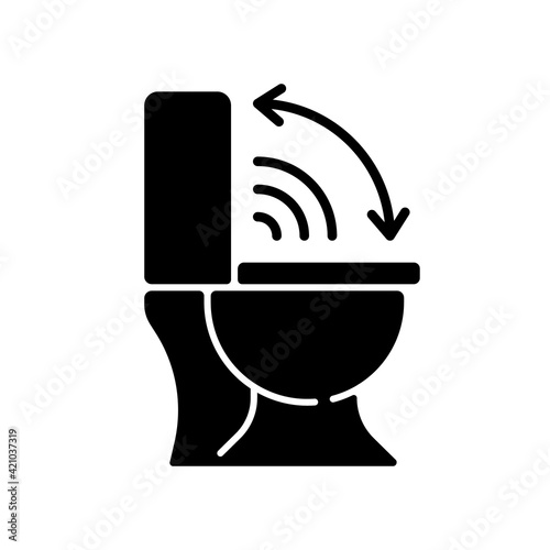 Touchless toilet seat black glyph icon. Smart home lid cover device that will lift up automatically when you approach. Silhouette symbol on white space. Vector isolated illustration