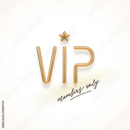 VIP invitation template with 3d golden letters. Realistic golden metal VIP sign on a white background. Premium design. Vector illustration.