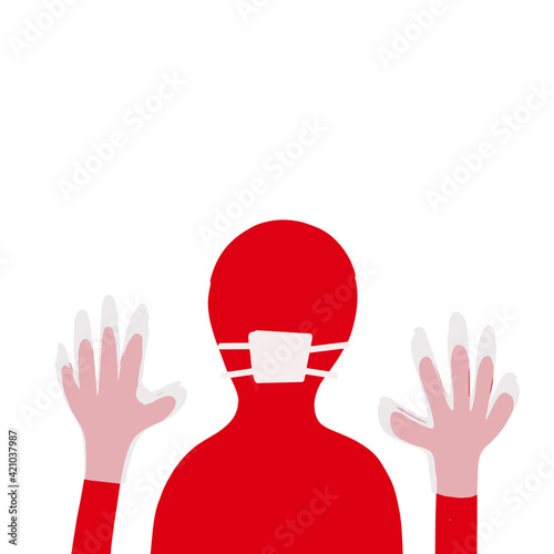 Man hands up covid virus protection sign gloves and mask red bright color