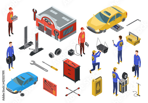 Isometric auto service. Car service top view concept with workers repairing. Element to repair vehicle repair service. People technics and building