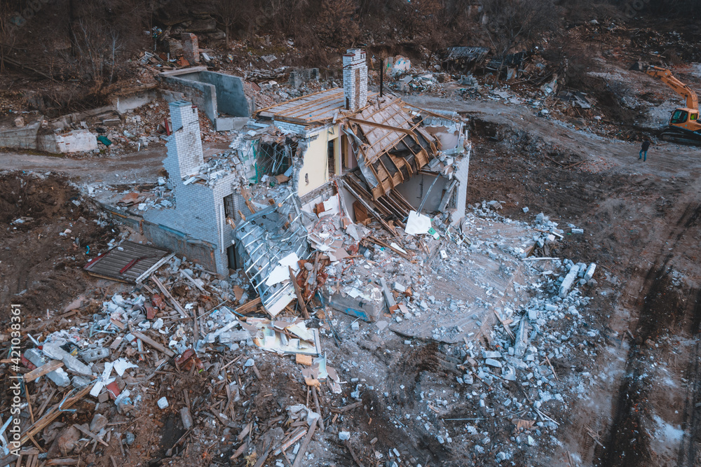 Fototapeta premium destruction of old buildings and structures. development for new housing. drone photo