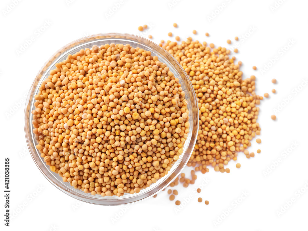 Mustard seeds with bowl isolated on white, top view Mustard seeds with bowl isolated on white, top view