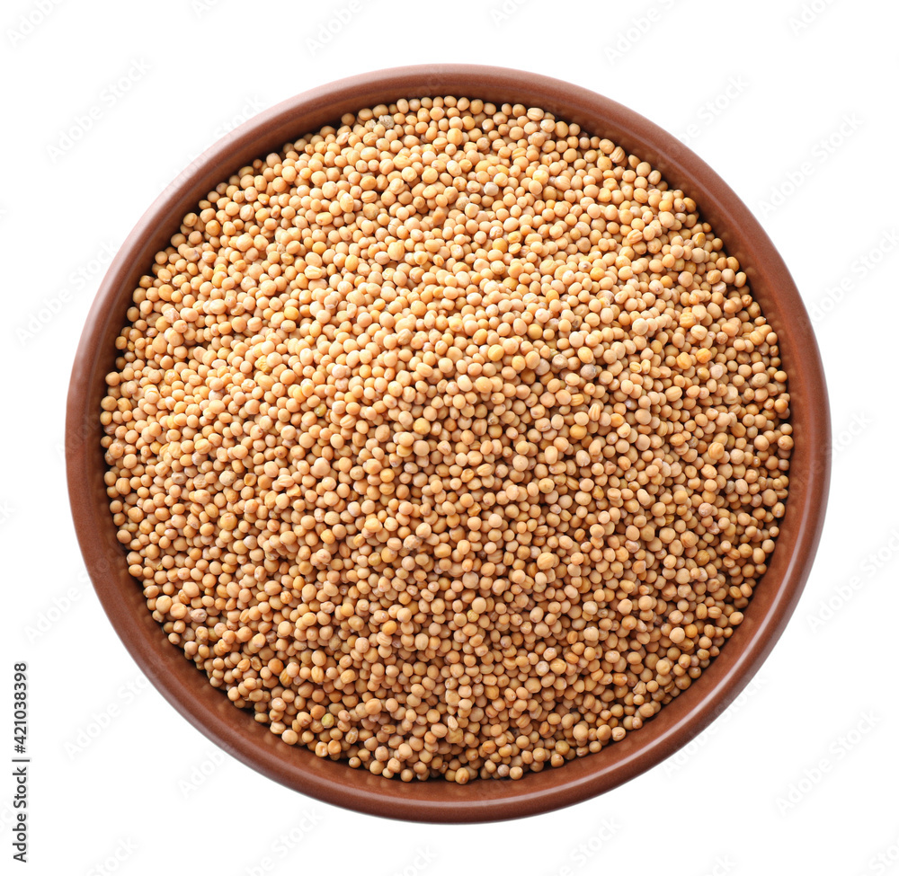 Mustard seeds in bowl isolated on white, top view Mustard seeds in bowl isolated on white, top view