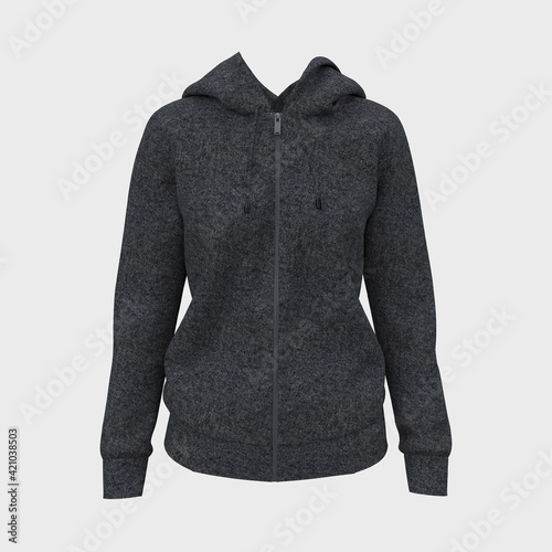 Blank hooded sweatshirt mockup with zipper in front view, isolated on white background, 3d rendering, 3d illustration