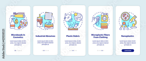 Microplastics sources and types onboarding mobile app page screen with concepts. Microbeads in cosmetics walkthrough 5 steps graphic instructions. UI vector template with RGB color illustrations