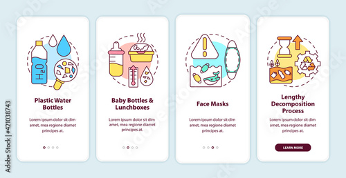 Top environmental challenges onboarding mobile app page screen with concepts. Plastic water bottles walkthrough 4 steps graphic instructions. UI vector template with RGB color illustrations