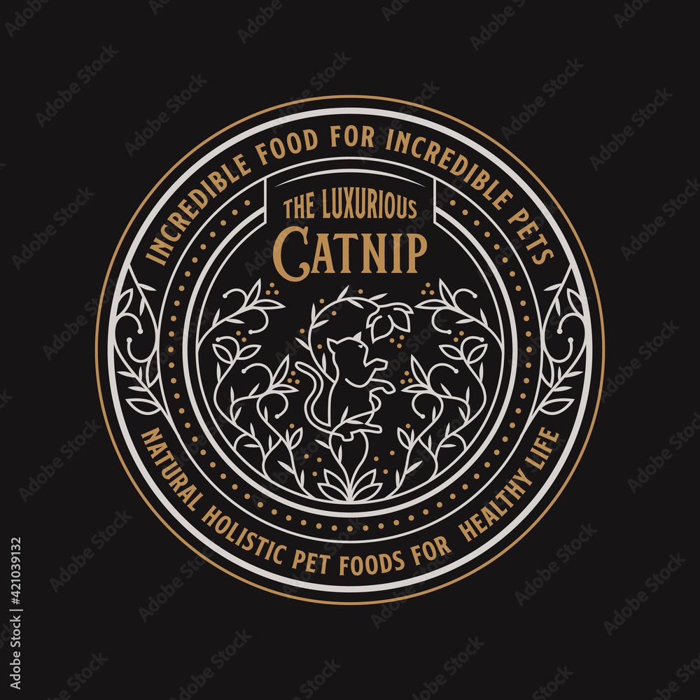 health and nature catnip line art vintage logo template vector illustration design. luxurious classic pet shop, pet food logo concept