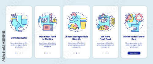 Avoiding microplastics tips onboarding mobile app page screen with concepts. Choose biodegradable utensils walkthrough 5 steps graphic instructions. UI vector template with RGB color illustrations