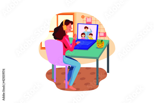 Smiling little Caucasian girl in headphones have video call distant class with teacher using laptop, happy small child wave greeting with tutor.