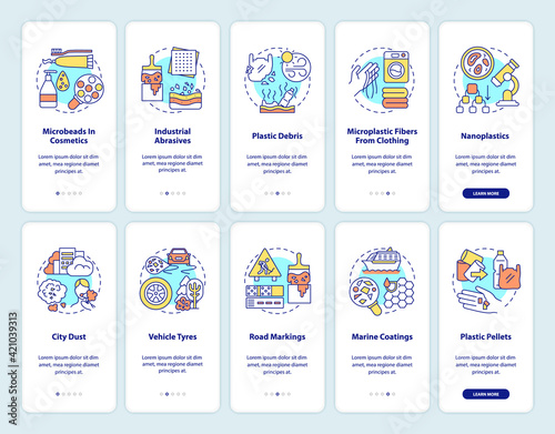 Microplastics sources onboarding mobile app page screen with concepts. Microplastic fibers from clothing walkthrough 10 steps graphic instructions. UI vector template with RGB color illustrations