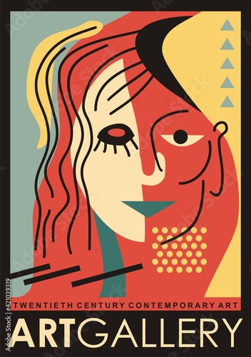 Art gallery poster design with abstract woman portrait. Artistic flyer for contemporary modern art exhibition. Vintage vector artwork.