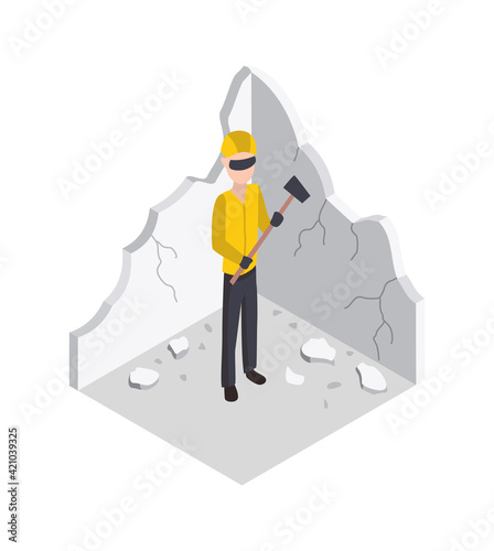 Isometric worker. Home repair isometric form with craftsman dismantling the wall . Professional people with equipment engaged in their professional activities