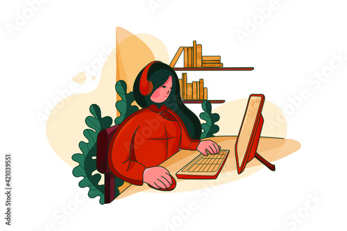 Businesswoman wear headphones listen candidate answers during online Interview. 