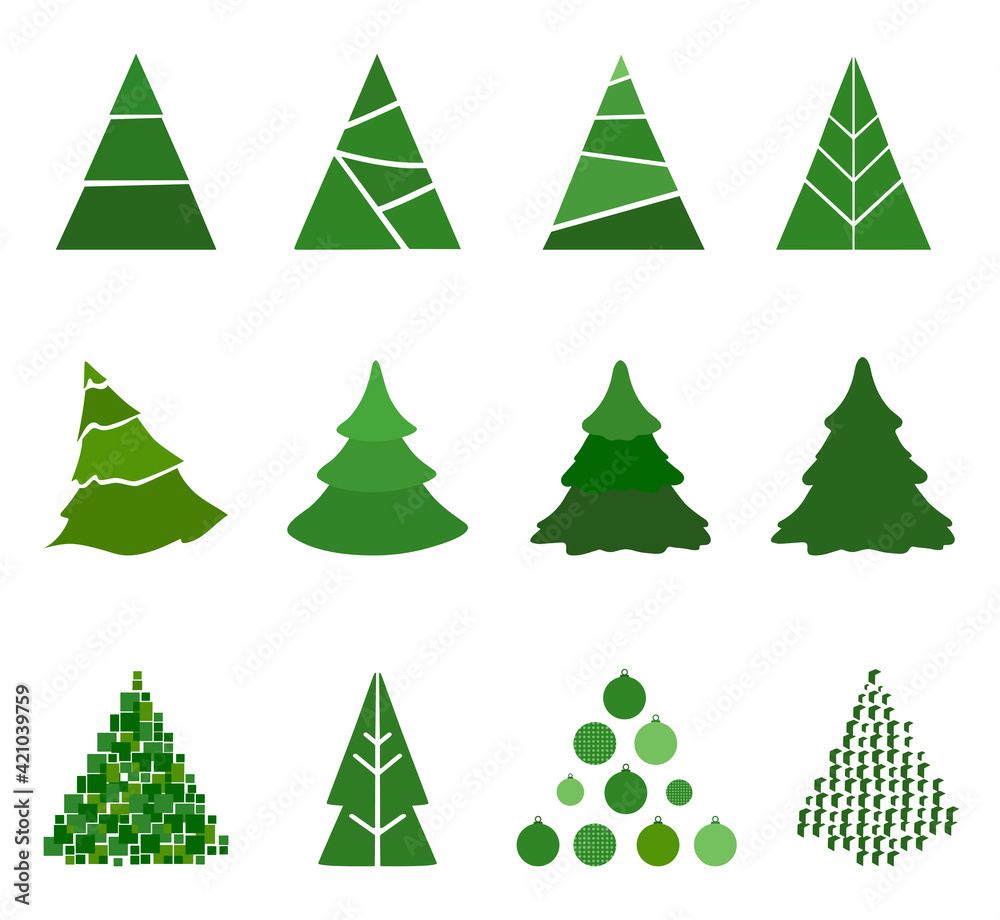 Vector set of cartoon Christmas trees, pines for greeting card, invitation, banner, web, print, poster, textile. New Years and xmas traditional symbol tree. Winter holiday. Icons collection. Green. Vector set of cartoon Christmas trees, pines for greeting card, invitation, banner, web, print, poster, textile. New Years and xmas traditional symbol tree. Winter holiday. Icons collection. Green.
