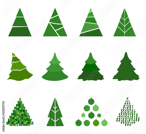 Vector set of cartoon Christmas trees, pines for greeting card, invitation, banner, web, print, poster, textile. New Years and xmas traditional symbol tree. Winter holiday. Icons collection. Green.