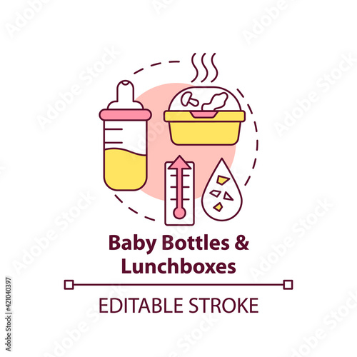 Baby bottles and lunchboxes concept icon. Top environmental challenges idea thin line illustration. Kid food. Climate change. Vector isolated outline RGB color drawing. Editable stroke