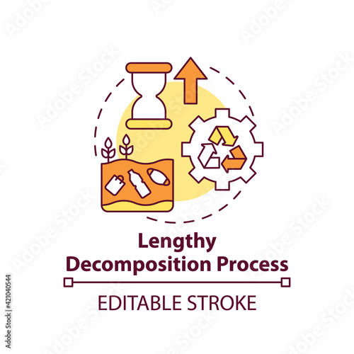 Lengthy decomposition process concept icon. Top environmental challenges idea thin line illustration. Harmful effects of plastic on nature. Vector isolated outline RGB color drawing. Editable stroke