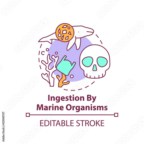 Ingestion by marine organisms concept icon. Microplastics effects idea thin line illustration. Negative impact. Harmful pollution. Vector isolated outline RGB color drawing. Editable stroke