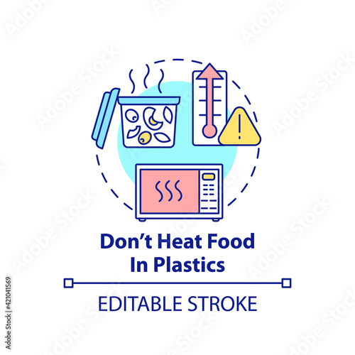 Do not heat food in plastics concept icon. Avoiding microplastics tips idea thin line illustration. Harmful effect on human body. Vector isolated outline RGB color drawing. Editable stroke
