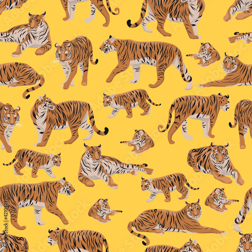 Seamless pattern. Realistic tiger Panthera tigris and cubs in different poses. The tiger stands  lies  goes  hunts. Animals of Asia. Panthera tigris. Vector animals