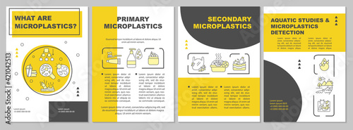 Primary microplastics brochure template. Flyer, booklet, leaflet print, cover design with linear icons. Aquatic studies. Vector layouts for presentation, annual reports, advertisement pages