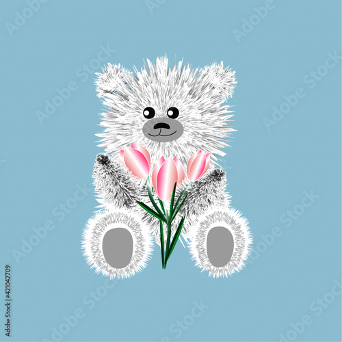 Cute shaggy toy gray bear with a bouquet of pink tulips. A cartoon character.Blank card for Valentine's Day, Mother's Day