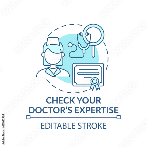 Check your doctor expertise blue concept icon. General practitioner with diploma. Family doctor idea thin line illustration. Vector isolated outline RGB color drawing. Editable stroke