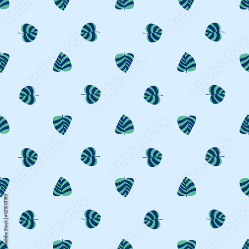 Fresh blue and green floral seamless pattern vector. Tropical striped green-blue leaves on light blue endless texture. Exotic simple leaves dot pattern. Perfect for home decor, pillows, bed linen, etc