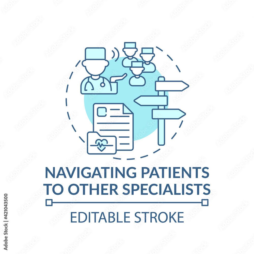 Navigating patients to other specialists blue concept icon. General practitioner. Family doctor idea thin line illustration. Vector isolated outline RGB color drawing. Editable stroke Navigating patients to other specialists blue concept icon. General practitioner. Family doctor idea thin line illustration. Vector isolated outline RGB color drawing. Editable stroke