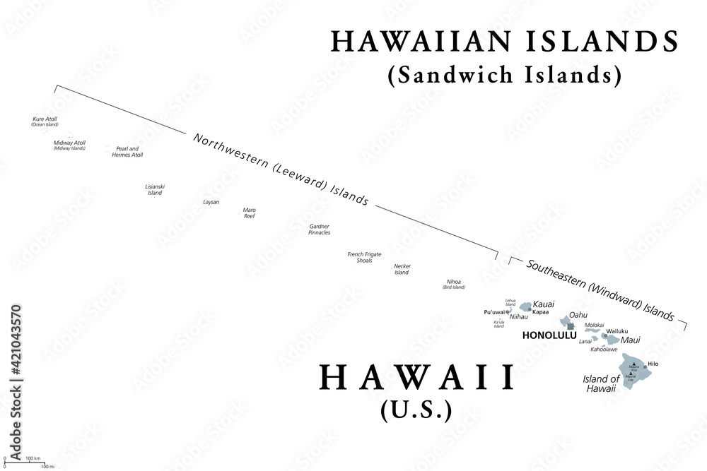 Vetor de Hawaiian Islands, Sandwich Islands, gray political map. U.S
