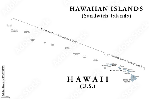 Hawaiian Islands, Sandwich Islands, gray political map. U.S. state of Hawaii with capital Honolulu, and unincorporated territory Midway Atoll. Archipelago in North Pacific Ocean. Illustration. Vector. photo
