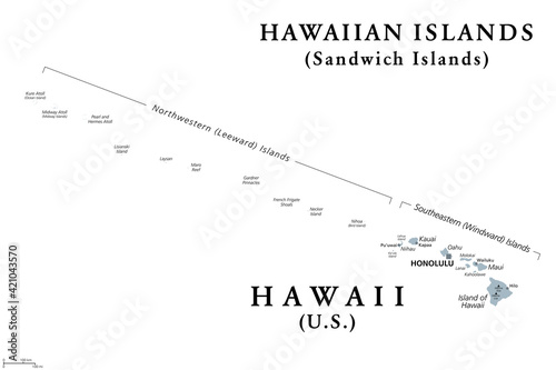 Hawaiian Islands, Sandwich Islands, gray political map. U.S. state of Hawaii with capital Honolulu, and unincorporated territory Midway Atoll. Archipelago in North Pacific Ocean. Illustration. Vector.