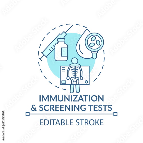 Immunization and screening tests blue concept icon. Vaccination for infection. Health examination. Family doctor idea thin line illustration. Vector isolated outline RGB color drawing. Editable stroke