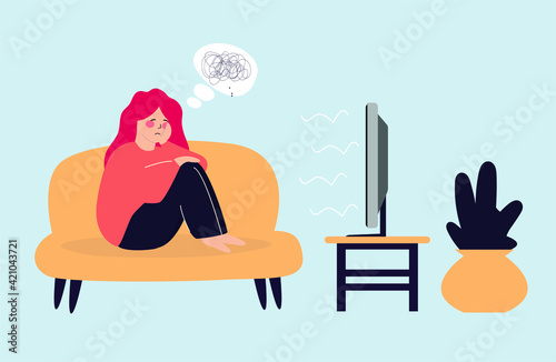Sad character of a girl sitting, hugging her knees and watching tv. Bored woman suffer from dementia, loss memory. Amnesia depression or broken heart concept. Vector illustration.