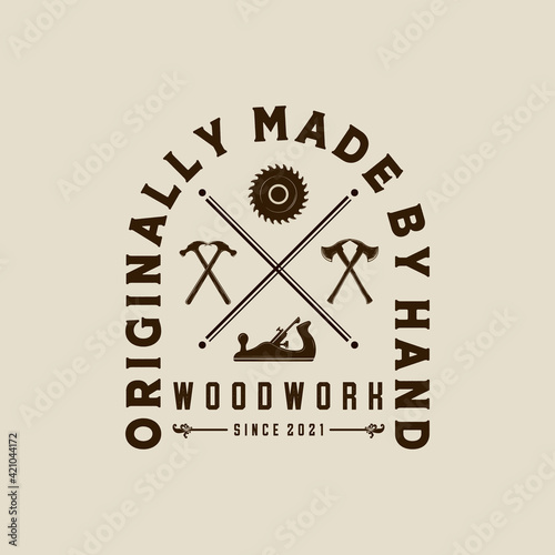Woodwork Vector Illustration Logo Design. Woodwork Logo Template for Wood Master, Sawmill and Carpentry Service. Ax, Saw and Wood Planer Logo Concept Inspiration