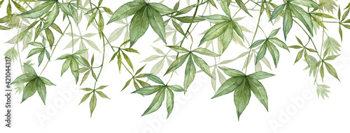Long seamless banner with hand painted watercolor green leaves