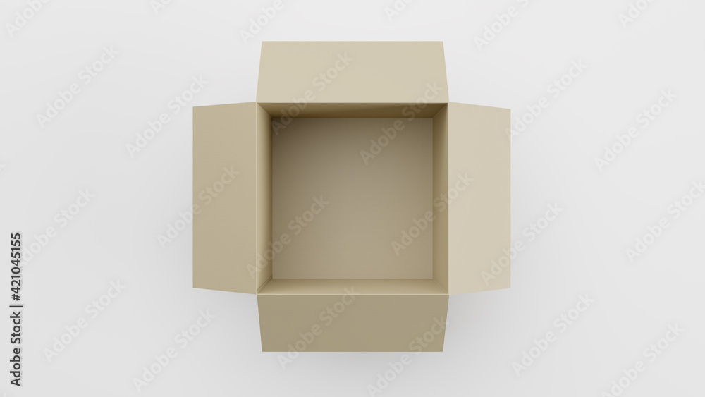 Single Open Cardboard Box For Package, Shipping and Delivery, With Signs and Label, White Background, Top View, 3D Illustration