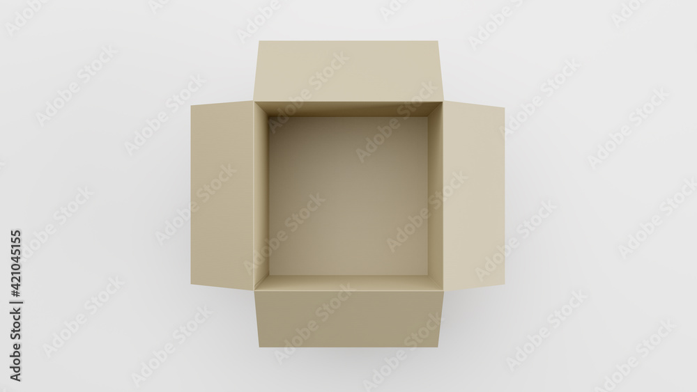 Single Open Cardboard Box For Package, Shipping and Delivery, With Signs and Label, White Background, Top View, 3D Illustration Single Open Cardboard Box For Package, Shipping and Delivery, With Signs and Label, White Background, Top View, 3D Illustration
