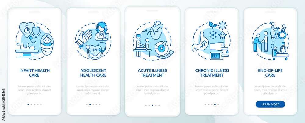 Family doctor support blue onboarding mobile app page screen with concepts. Medicine walkthrough 5 steps graphic instructions. UI, UX, GUI vector template with linear color illustrations