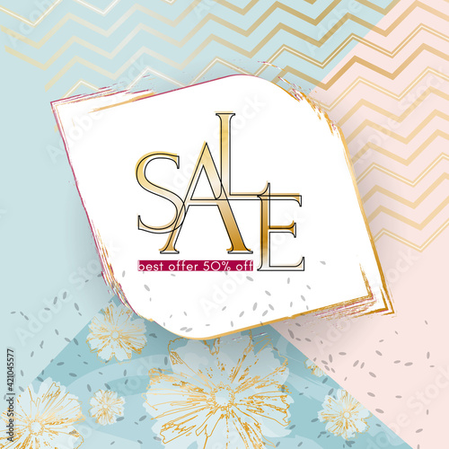 Beauty sale banner Elegant luxury golden sale text on a summer flowers specks background Luxury theme card banner for advertising sale promo discount Beauty spring summer theme of fashion sale Vector