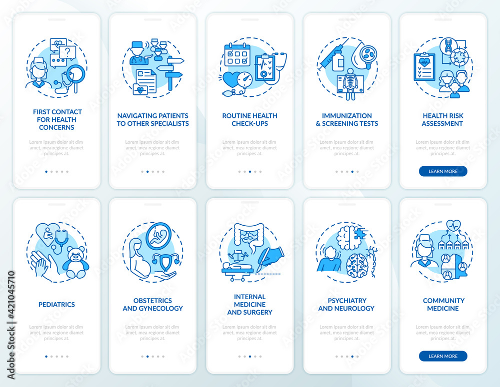 Family doctor blue onboarding mobile app page screen with concepts set. Health care walkthrough 5 steps graphic instructions. UI, UX, GUI vector template with linear color illustrations