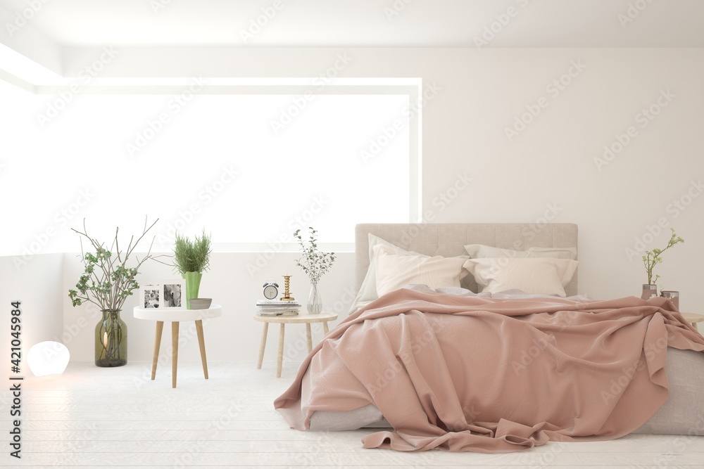 Obraz premium Stylish bedroom in white color. Scandinavian interior design. 3D illustration
