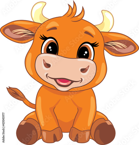 Funny smiling baby bull. Cartoon drawing