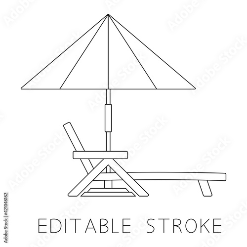 Deck chair, lounge or sun bed with a beach umbrella. Outline, editable stroke vector. Beach or pool umbrella linear icon with sun bed. Contour symbol