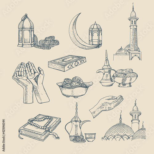 Islamic hand drawn vector illustration. Included Muslim, pray, mosque, religion hand drawn vector illustration