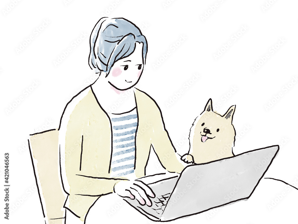 在宅ワークのpc作業中にペットの犬を見つめて微笑む女性の飼い主 インクと水彩手描きイラスト Stock Illustration Adobe Stock